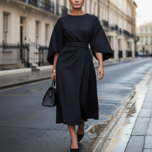 Women’s Dress | Elegant Midi Design with Waist Belt-Midi Dresses-Zeravi-Navy Blue-S-Zeravi